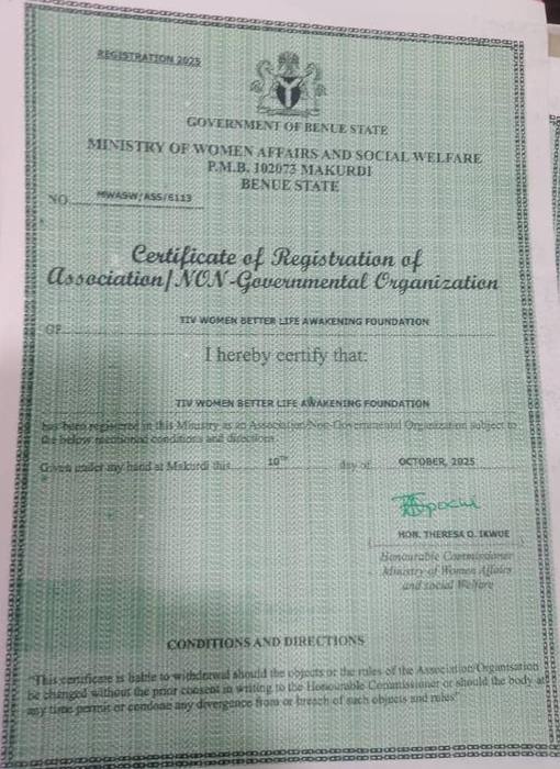 Ministry of Women Affairs & Social Welfare, Benue State certificate